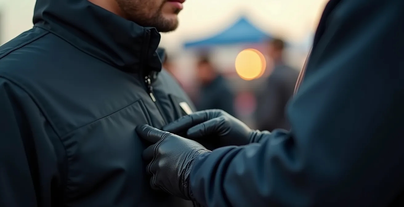 Photo rapprochée d'une main gantée d'un agent de sécurité en train d'effectuer une palpation, focus sur le geste, ambiance événementielle