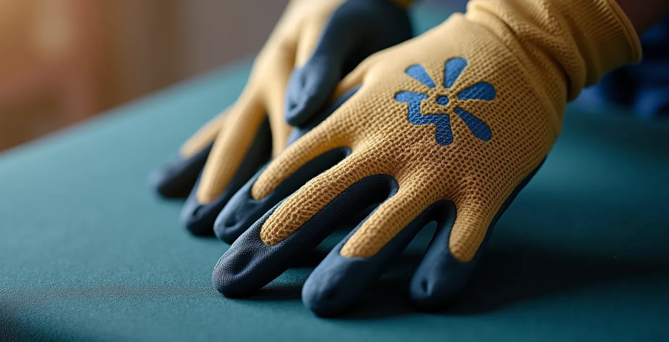 Photo macro en 100mm d'une couture de gant de sécurité, matière et texture visible, focus sur ajustement