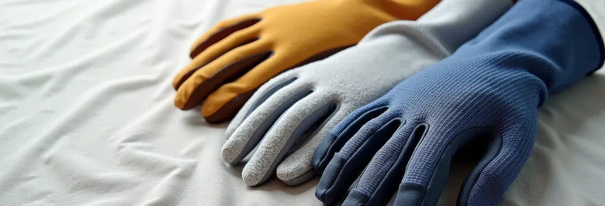 Photographie éditoriale réaliste de plusieurs gants de sécurité modernes posés en éventail sur une surface textile neutre, éclairage doux, composition centrée, sans texte ni marque visible