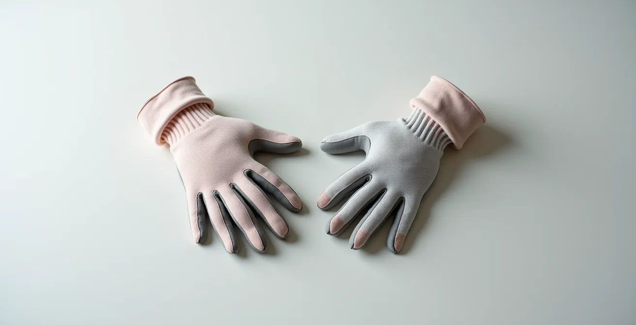 Photographie large mettant en scène deux paires de gants de sécurité différentes posées dans un espace épuré, fond neutre et lumière douce