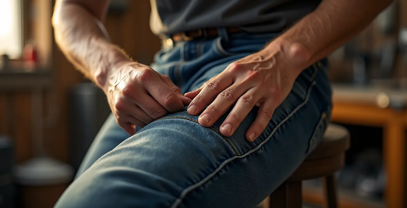 Détail de coutures triples et renforts sur zones de tension d'un pantalon de travail