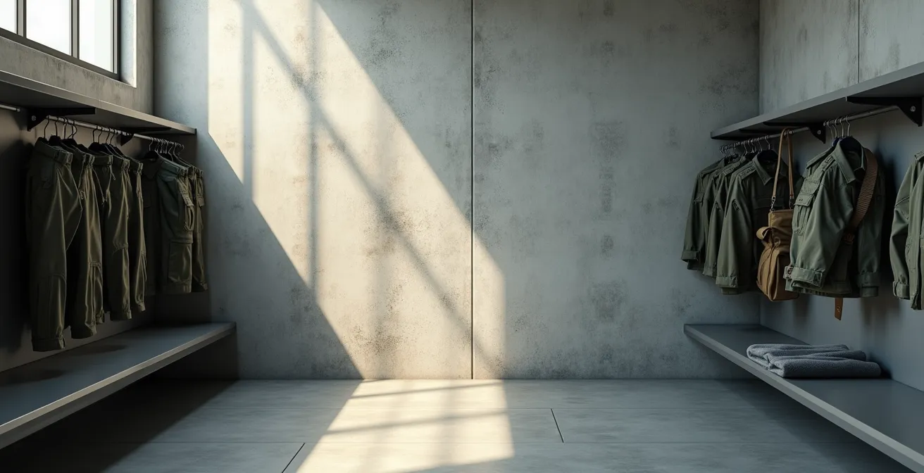 Vestiaire professionnel avec équipements de sécurité rangés