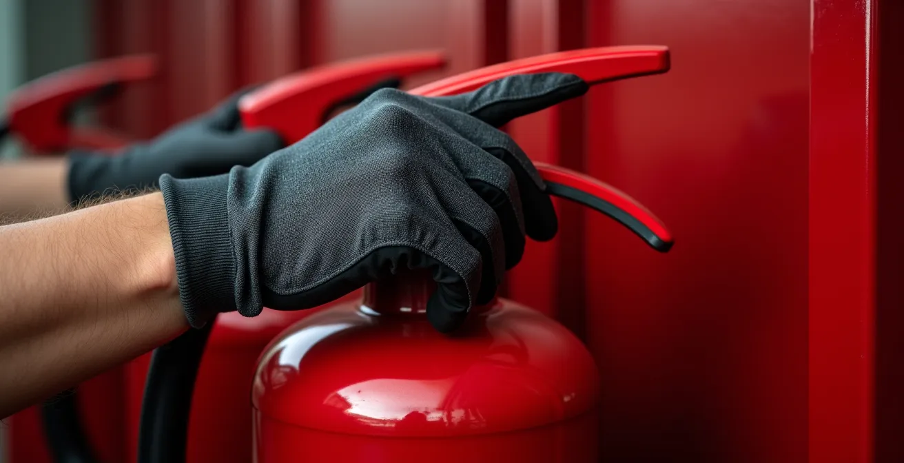 Mains gantées d'un agent SSIAP manipulant un extincteur