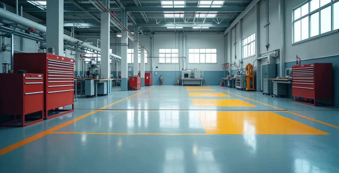 Vue d'ensemble d'un poste de travail industriel avec différentes zones de risques