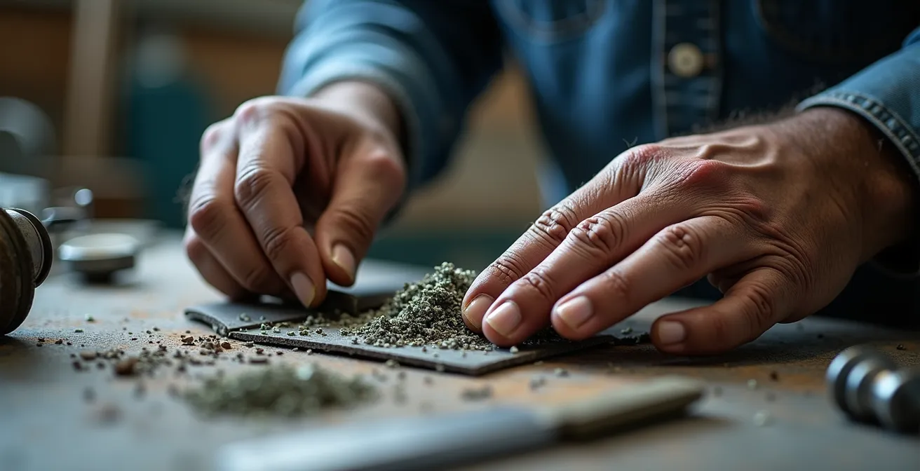 Gros plan sur les mains d'un travailleur examinant différents matériaux industriels