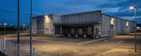 Entrepôt industriel français au crépuscule avec éclairage extérieur de sécurité activé et zone de chargement vide