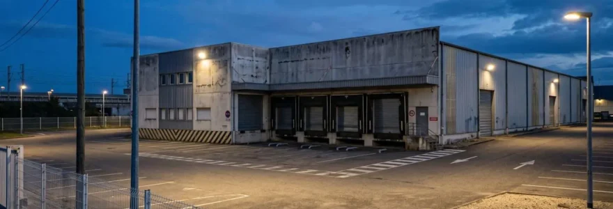 Entrepôt industriel français au crépuscule avec éclairage extérieur de sécurité activé et zone de chargement vide