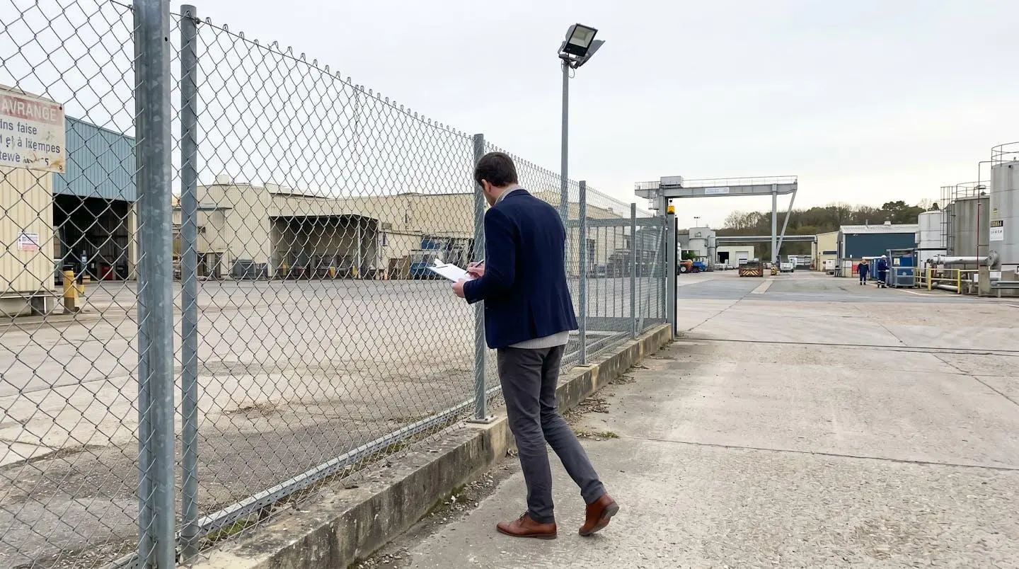 Professionnel de dos inspectant le périmètre et dispositifs de sécurité d'un site industriel français avec porte-documents